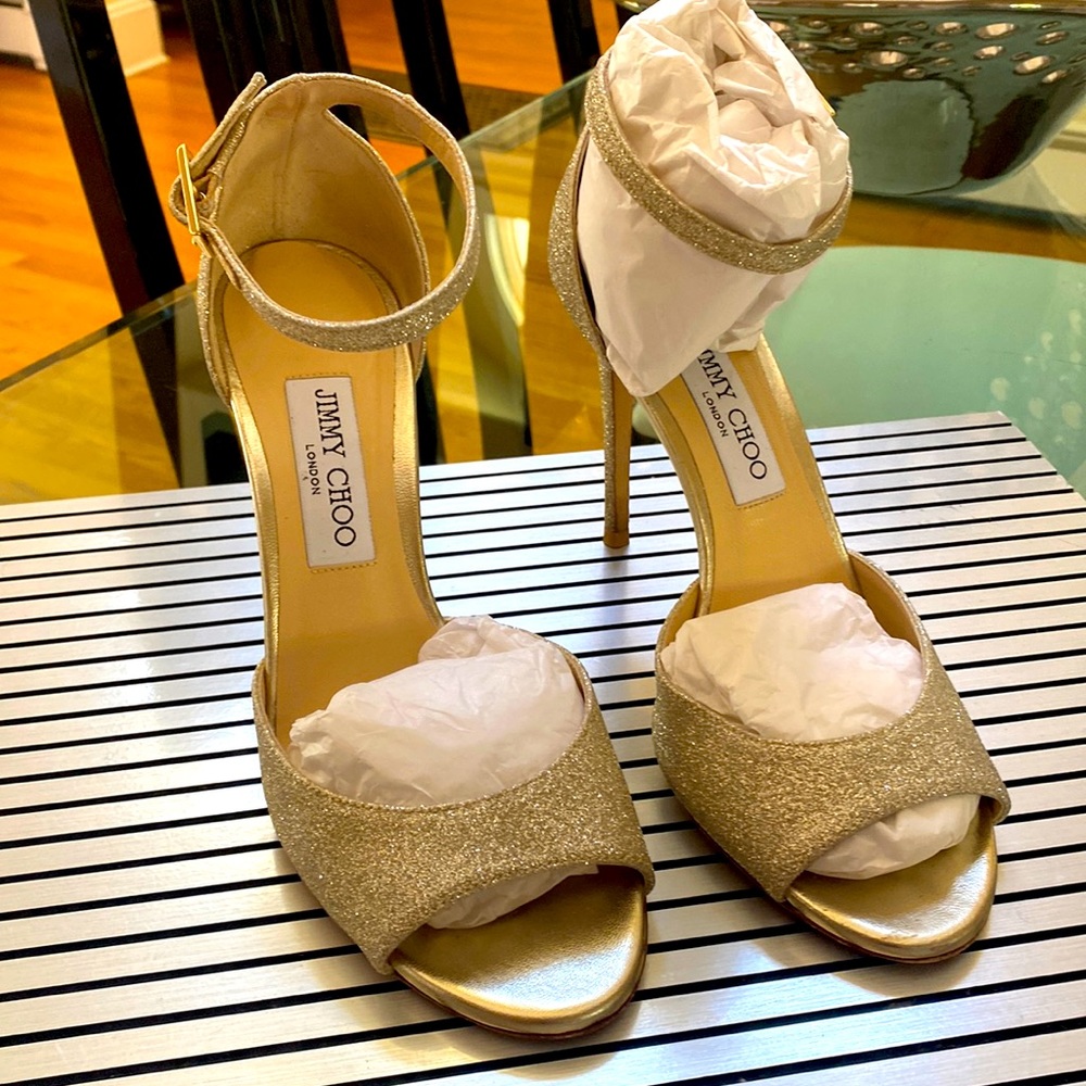 Jimmy Choo ankle-strap glitter sandals Platinum.